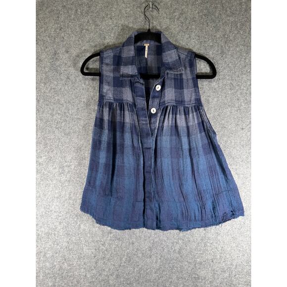 Free‎ People Blouse Women XS Blue Hey There Sunrise Tank Top Plaid Western Relax - Picture 1 of 7